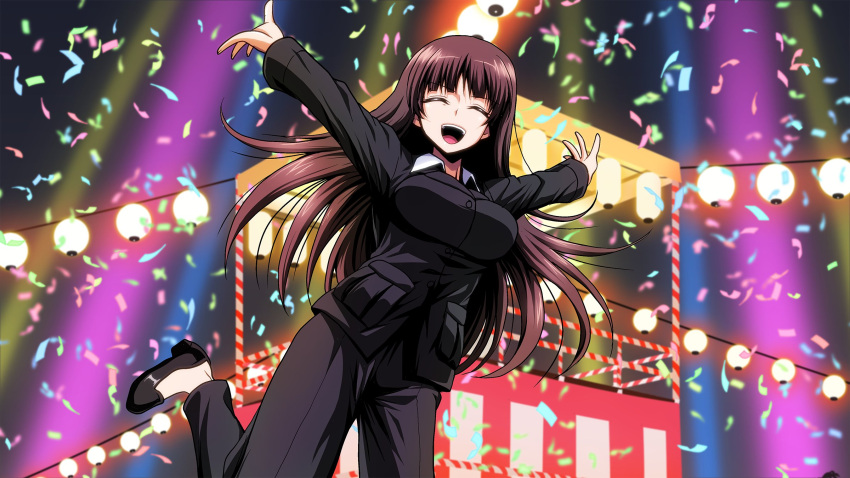 1girl :d arms_up black_jacket black_pants blunt_bangs brown_hair commentary_request confetti dress_shirt facing_viewer girls_und_panzer highres jacket kamishima_kanon lantern leg_up long_hair long_sleeves mature_female night nishizumi_shiho open_mouth outstretched_arms pant_suit pants paper_lantern podium shirt smile solo spread_arms standing standing_on_one_leg straight_hair suit tracen_ondo_(song) white_shirt wing_collar