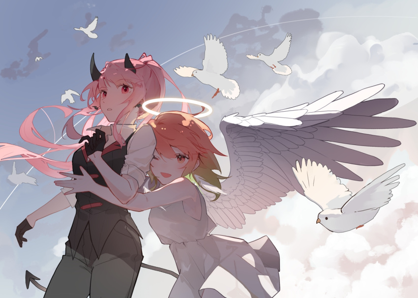 2girls angel angel_and_devil bat_earrings bird couple demon_girl demon_horns demon_tail demon_wings dove earrings feather_earrings feathers gradient_hair hololive hololive_english horns hug hug_from_behind jewelry lisa159878 long_hair mori_calliope multicolored_hair multiple_girls orange_hair pink_hair purple_eyes red_eyes tail takanashi_kiara virtual_youtuber white_bird white_dove wings yuri