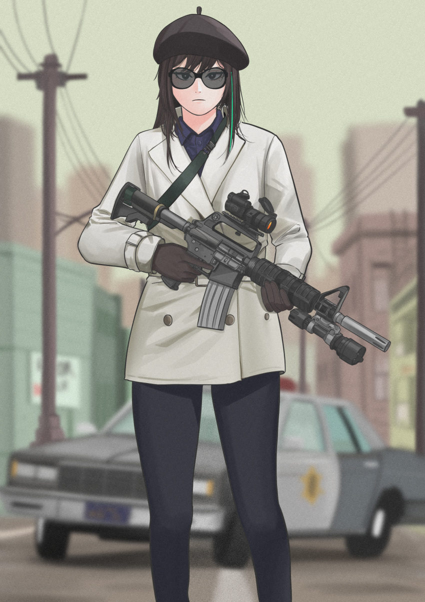 1girl assault_rifle black_gloves black_hair black_headwear black_pants blurry blurry_background brown_gloves building car car-15 chevrolet_caprice cityscape commentary english_commentary girls'_frontline gloves green_hair ground_vehicle gun hat highres holding holding_gun holding_weapon jacket long_hair long_sleeves m4a1_(girls'_frontline) motor_vehicle multicolored_hair outdoors pants parabellum police_car revision rifle scope solo standing streaked_hair sunglasses utility_pole weapon white_jacket