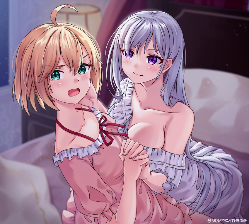 2girls anisphia_wynn_palettia bedroom blonde_hair blurry blurry_background blush breasts cleavage euphyllia_magenta green_eyes grey_hair hand_on_another's_face highres holding_hands interlocked_fingers large_breasts long_hair looking_at_another looking_at_viewer multiple_girls nightgown on_bed open_mouth pink_nightgown purple_eyes red_ribbon ribbon seraphim_throne short_hair single_bare_shoulder smile tensei_oujo_to_tensai_reijou_no_mahou_kakumei very_long_hair white_nightgown yuri