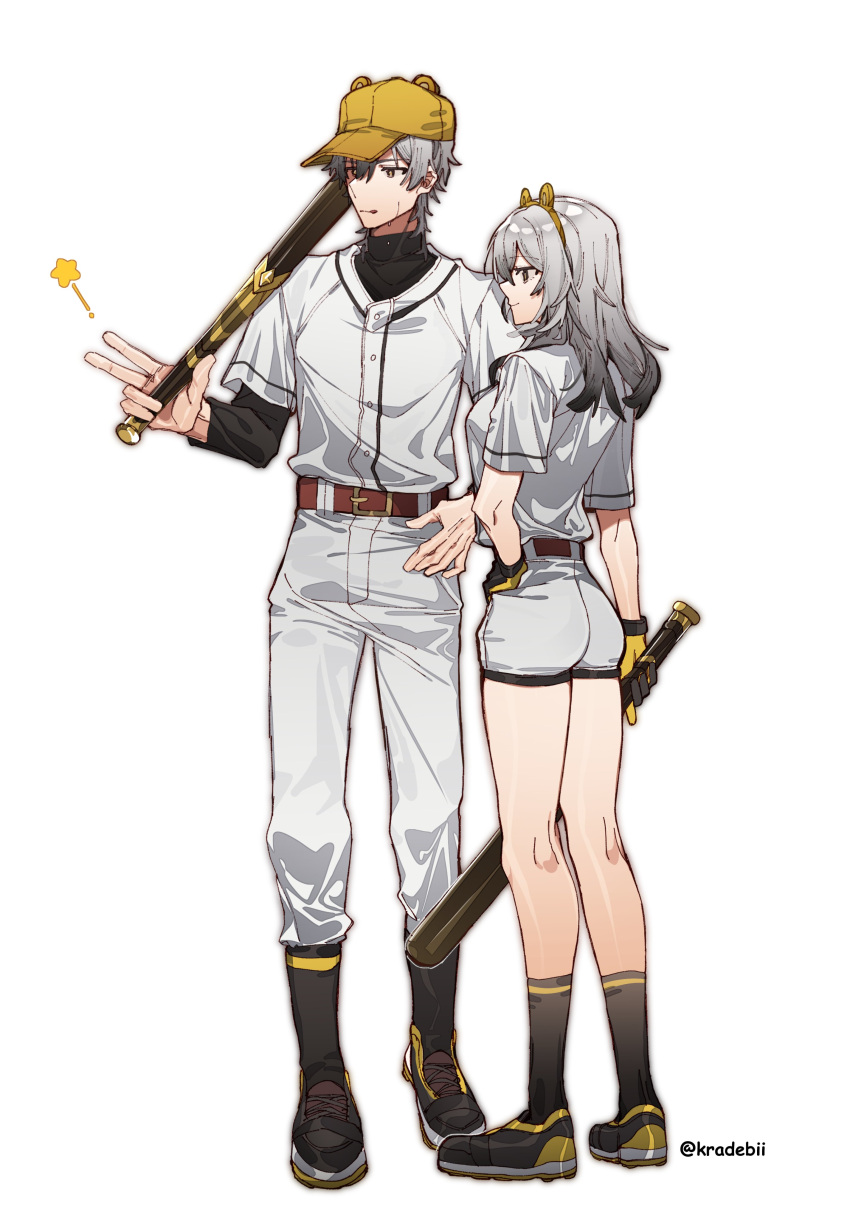 1boy 1girl absurdres animal_ears animal_hat ass baseball_bat baseball_cap black_footwear black_gloves black_shirt black_socks brown_eyes brown_headwear caelus_(honkai:_star_rail) commentary copyright_request fake_animal_ears gloves grey_hair hair_between_eyes hand_in_own_hair hat highres holding holding_baseball_bat kradebii layered_sleeves long_sleeves looking_away metal_baseball_bat pants shirt shoes short_over_long_sleeves short_shorts short_sleeves shorts simple_background socks socks_over_pants star_(symbol) stelle_(honkai:_star_rail) symbol-only_commentary trailblazer_(honkai:_star_rail) twitter_username white_background white_pants white_shirt white_shorts