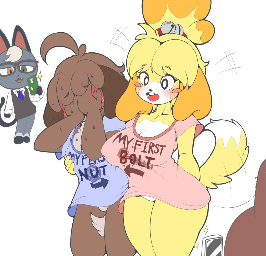 absurd_res animal_crossing anthro bell big_breasts blush bottomless breasts brother brother_and_sister canid canine canis cleavage clothed clothing covering covering_face digby_(animal_crossing) domestic_cat domestic_dog embarrassed featureless_crotch felid feline felis female group hi_res huge_breasts implied_incest isabelle_(animal_crossing) male male/female mammal nintendo nipple_outline phone raymond_(animal_crossing) shiba_inu shirt shirt_only sibling sister smile spitz tail tail_motion tailwag thick_thighs tod_d topless topwear topwear_only trio vest