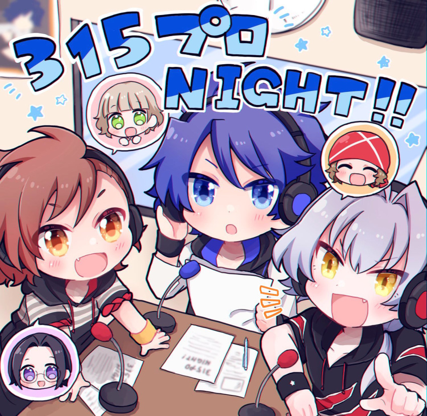 6+boys asjg black_wristband blue_eyes blue_hair brown_hair chibi enjoji_michiru green_eyes grey_hair hair_between_eyes headphones highres himeno_kanon idolmaster idolmaster_side-m kizaki_ren light_blush male_child male_focus mofumofuen_(idolmaster) multiple_boys okamura_nao open_mouth purple_eyes short_sleeves tachibana_shiro_(idolmaster) taiga_takeru the_kogado_(idolmaster) wristband yellow_wristband