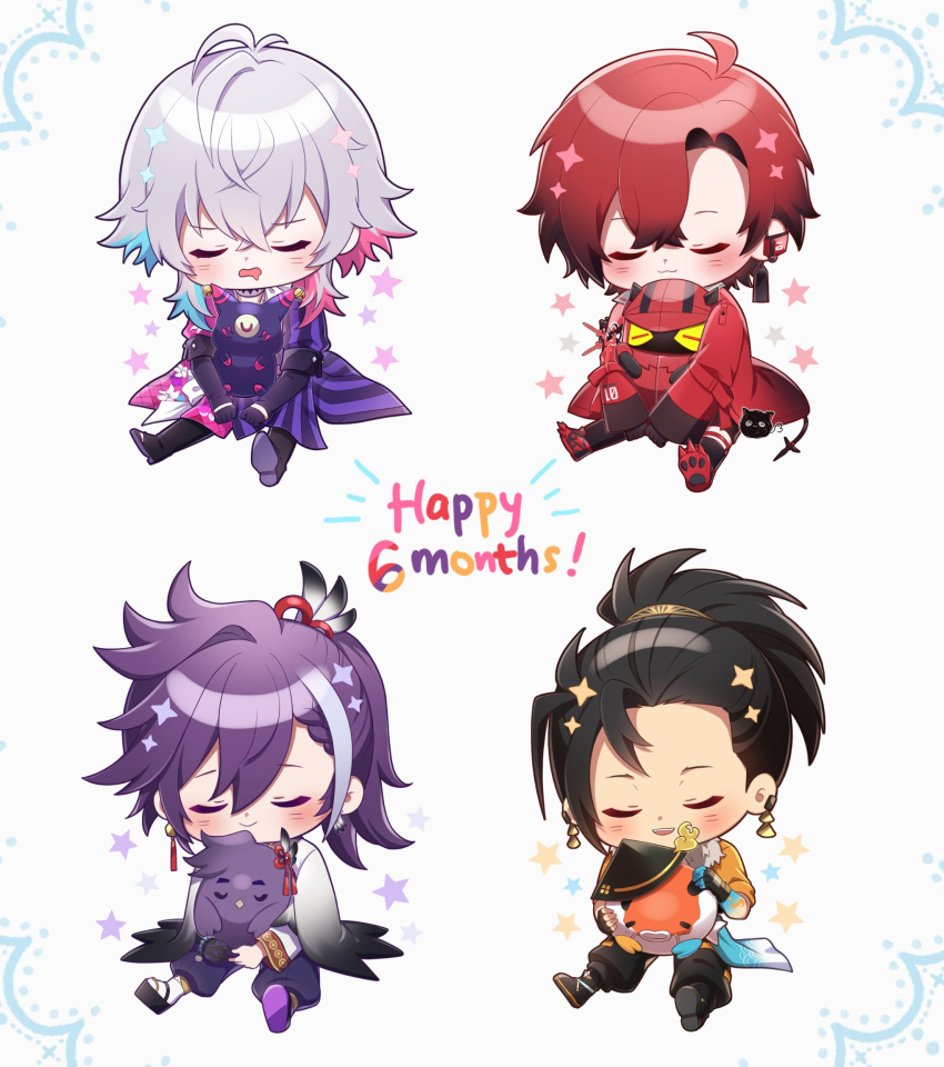 4boys ahoge anniversary asymmetrical_clothes banzoin_hakka bird black_gloves black_hair blue_hair blush chibi cindycc07 closed_eyes drooling earrings english_commentary english_text fang feather_hair_ornament feathers fish gavis_bettel gloves grey_hair hair_between_eyes hair_ornament hakkito_(banzoin_hakka) hat high_ponytail highres holding holostars holostars_english hug jacket japanese_clothes jewelry josuiji_shinri koipanion_(josuiji_shinri) light_smile long_hair long_sleeves machina_x_flayon machiroon_(machina_x_flayon) male_focus mouth_drool multicolored_hair multiple_boys phantom_(gavis_bettel) pink_hair purple_hair red_hair sandals short_hair sitting skin_fang smile star_(symbol) tail tassel tassel_earrings white_background white_hair