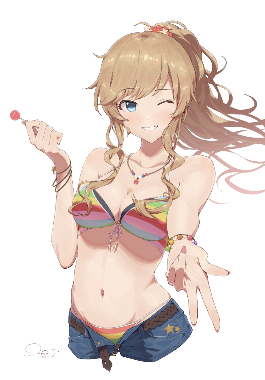 1girl ;d absurdres bikini bikini_under_shorts blonde_hair blue_eyes blush breasts candy cleavage cropped_legs denim denim_shorts fingernails floating_hair food grin halterneck highres holding holding_candy holding_food holding_lollipop idolmaster idolmaster_cinderella_girls lollipop looking_at_viewer medium_breasts multicolored_bikini multicolored_clothes nail_polish navel official_alternate_costume ohtsuki_yui one_eye_closed ponytail sanpo_(sanpo_1027) shorts signature simple_background smile solo stomach striped striped_bikini swimsuit w white_background