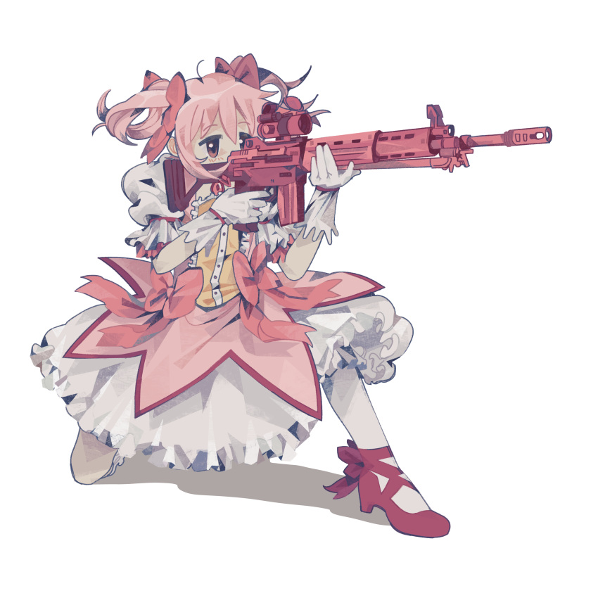 1girl absurdres bubble_skirt dress drill_hair gloves gun hair_ribbon highres holding holding_gun holding_weapon kaname_madoka magical_girl mahou_shoujo_madoka_magica mahou_shoujo_madoka_magica_(anime) mitakihara_school_uniform pink_dress pink_hair red_footwear ribbon rifle school_uniform short_twintails skirt sniper_rifle solo twin_drills twintails weapon white_background white_gloves wr0wn