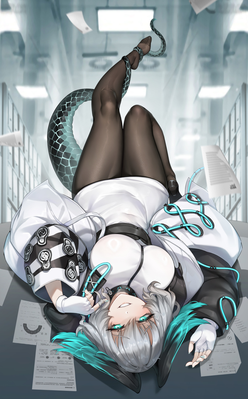1girl absurdres aqua_eyes arknights belt black_belt black_pantyhose breasts commentary_request dress feet fingerless_gloves gins gloves grey_hair grin hands_up head_wings highres ho'olheyak_(arknights) indoors jacket large_breasts leg_up legs long_sleeves looking_at_viewer lying no_shoes on_back open_clothes open_jacket pantyhose short_hair smile snake_tail solo tail tail_around_own_leg thighs upside-down white_dress white_gloves white_jacket wings