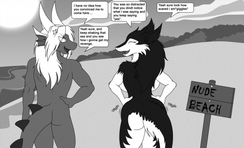 angry anthro beach big_breasts big_butt black_body black_fur breasts butt danielssj detailed_background dialogue dragon duo english_text eyes_closed female fur greyscale hair hand_on_hip horn male monochrome nude nude_beach seaside sergal shaking_butt smile speech_bubble tail text white_body white_fur