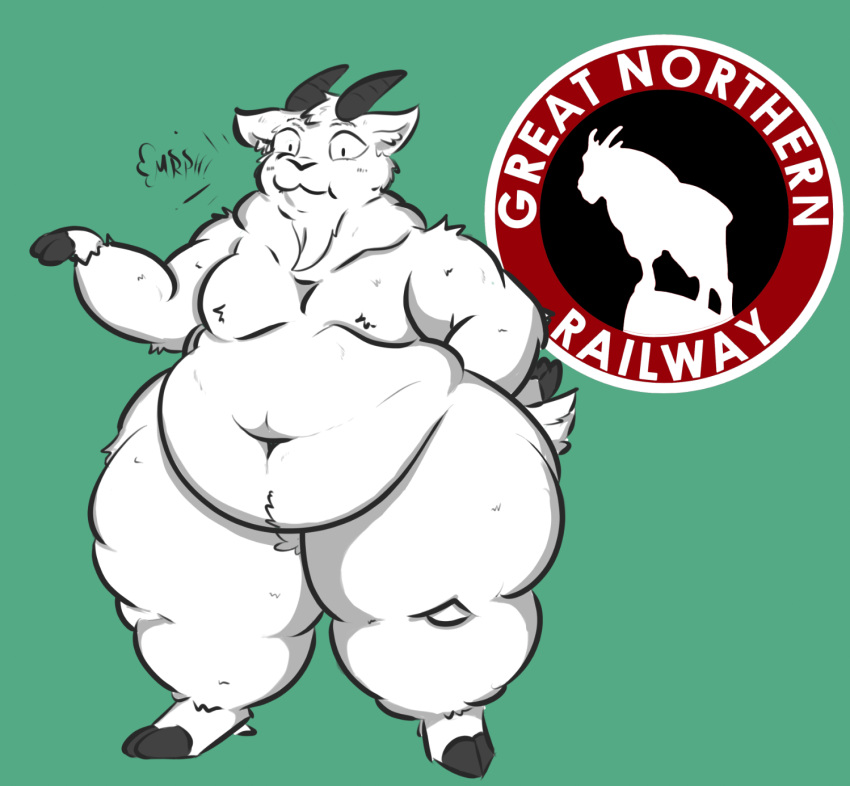 anthro beard belly big_belly bovid caprine domestic_goat facial_hair fur goat hi_res hooves horn huge_belly huge_thighs humanoid male mammal navel obese obese_male overweight overweight_male pennsy solo surprised_expression thick_thighs white_body white_fur wide_hips