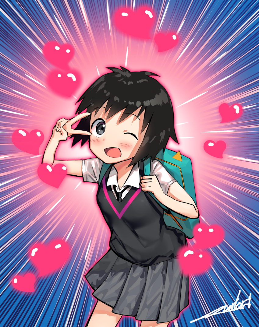 1girl :d aqua_bag artist_name backpack bag black_eyes black_hair black_necktie black_sweater_vest blue_background blush breasts commentary cowboy_shot gradient_background grey_skirt heart highres holding_strap leaning_forward looking_at_viewer marvel necktie notice_lines one_eye_closed open_mouth overlord_(overlord80000) peni_parker pink_background pleated_skirt raised_eyebrows school_uniform shirt short_hair short_sleeves signature skirt small_breasts smile solo spider-man:_into_the_spider-verse spider-man_(series) sweater_vest v v_over_eye very_short_hair white_shirt