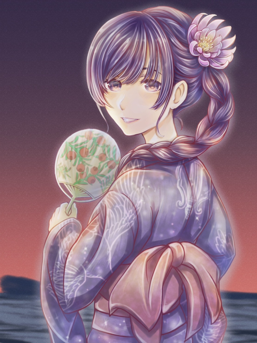 1girl alternate_costume alternate_hairstyle blush braid braided_ponytail flower from_behind gradient_sky hair_flower hair_ornament hair_over_shoulder hand_fan hand_up highres holding holding_fan japanese_clothes kimono long_sleeves looking_at_viewer looking_back monogatari_(series) night night_sky obi outdoors paper_fan pink_flower print_kimono purple_hair purple_kimono red_sash sash senjougahara_hitagi sidelocks sky smile solo swept_bangs teeth tsukihi_shida uchiwa upper_body wide_sleeves yukata