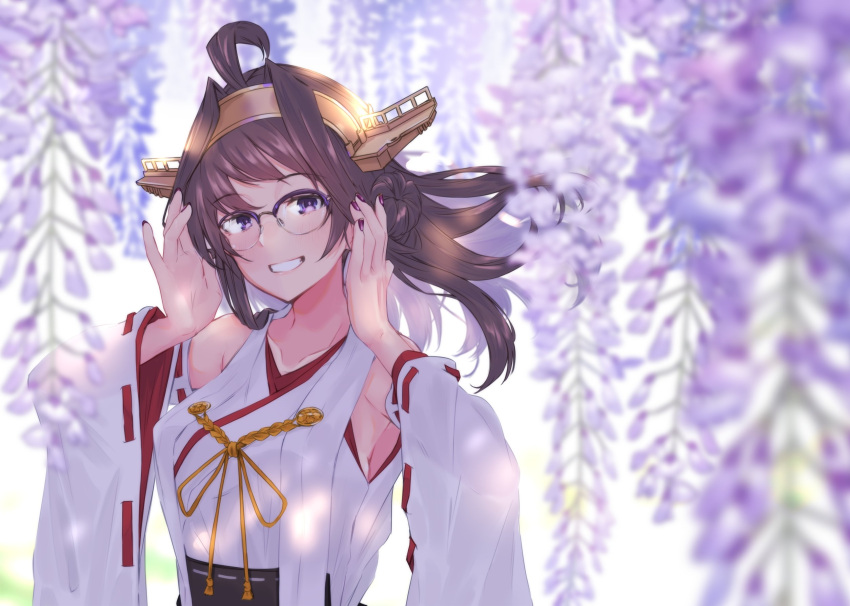 1girl ahoge alakoala bare_shoulders bespectacled blush brown_hair collarbone detached_sleeves double_bun fingernails flower glasses grin hair_bun highres japanese_clothes kantai_collection kongou_(kancolle) kongou_kai_ni_(kancolle) long_hair nail_polish nontraditional_miko purple_eyes purple_flower purple_nails ribbon-trimmed_sleeves ribbon_trim smile solo upper_body white_sleeves wide_sleeves