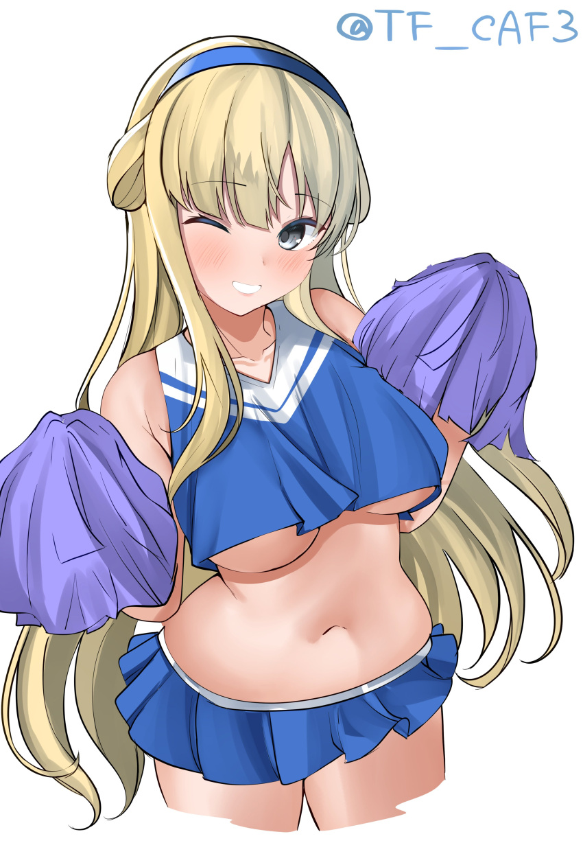 1girl absurdres alternate_costume blonde_hair blue_shirt blush breasts cheerleader crop_top double_bun fletcher_(kancolle) hair_bun hairband highres kantai_collection large_breasts long_hair looking_at_viewer midriff miniskirt navel pleated_skirt pom_pom_(cheerleading) shirt simple_background skirt smile solo tf_cafe twitt twitter_username