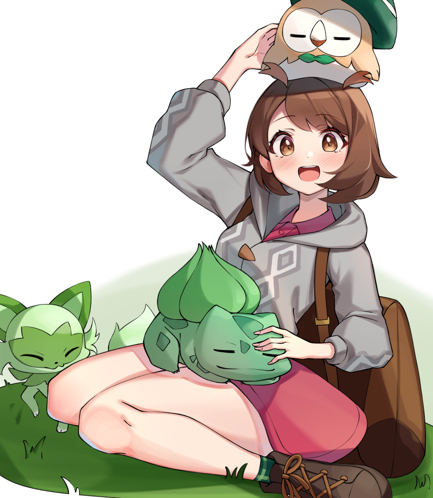 1girl :d absurdres backpack bag blush bob_cut boots brown_bag brown_eyes brown_footwear brown_hair bulbasaur buttons cable_knit cardigan clothed_pokemon collared_dress commentary_request dress gloria_(pokemon) grass green_headwear green_socks grey_cardigan hat highres hooded_cardigan on_head on_lap open_mouth pink_dress plaid_socks pokemon pokemon_(creature) pokemon_(game) pokemon_on_head pokemon_on_lap pokemon_swsh rowlet short_hair sitting smile socks sprigatito tam_o'_shanter teeth tongue upper_teeth_only ziro_(zirorong)