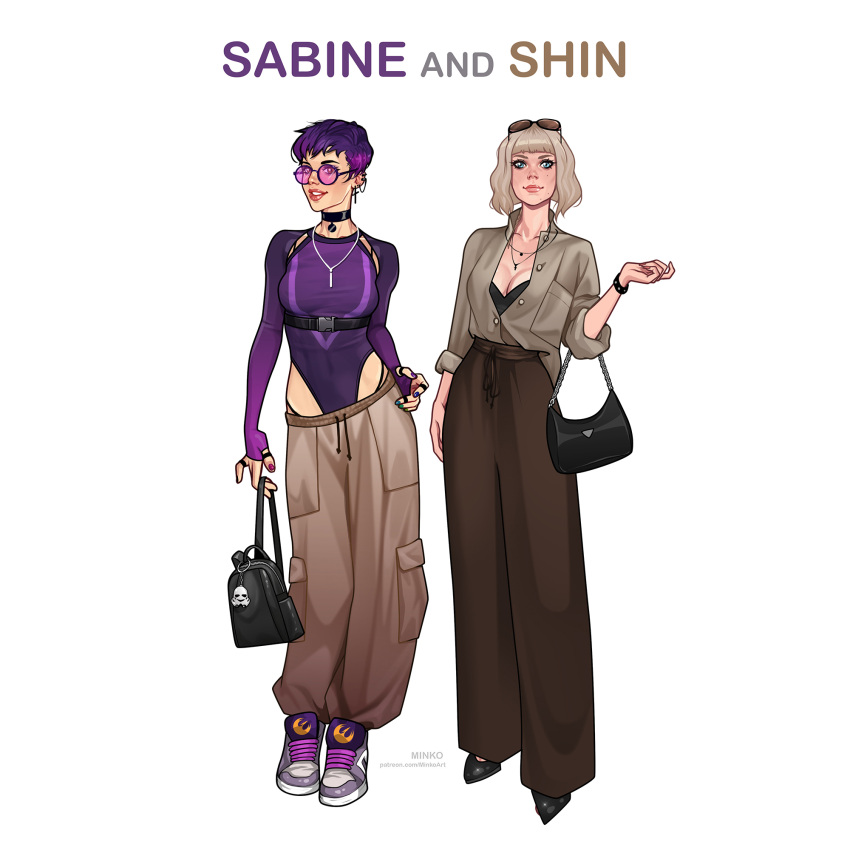 2girls alternate_costume artist_name bag baggy_pants black_choker blonde_hair bra breasts brown_pants brown_shirt character_name choker cleavage contemporary cross cross_earrings detached_sleeves earrings eyewear_on_head full_body handbag highres jewelry leotard multiple_girls necklace olena_minko pants panty_straps patreon_username purple_hair purple_leotard purple_sleeves round_eyewear sabine_wren shin_hati shirt short_hair simple_background small_breasts star_wars star_wars:_ahsoka sunglasses underwear web_address white_background