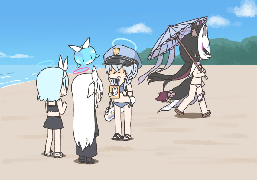 4girls alternate_costume animal_ears arona_(blue_archive) beach black_hair blue_archive blue_hair day floating fox_ears fox_girl fox_mask fox_tail halo highres holding holding_umbrella mask multiple_girls ocean official_alternate_costume outdoors plana_(blue_archive) pointing poster_(object) sand swimsuit tail umbrella valkyrie_police_academy_student_(blue_archive) wakamo_(blue_archive) wakamo_(swimsuit)_(blue_archive) whale white_hair yukko_(hcryh955)