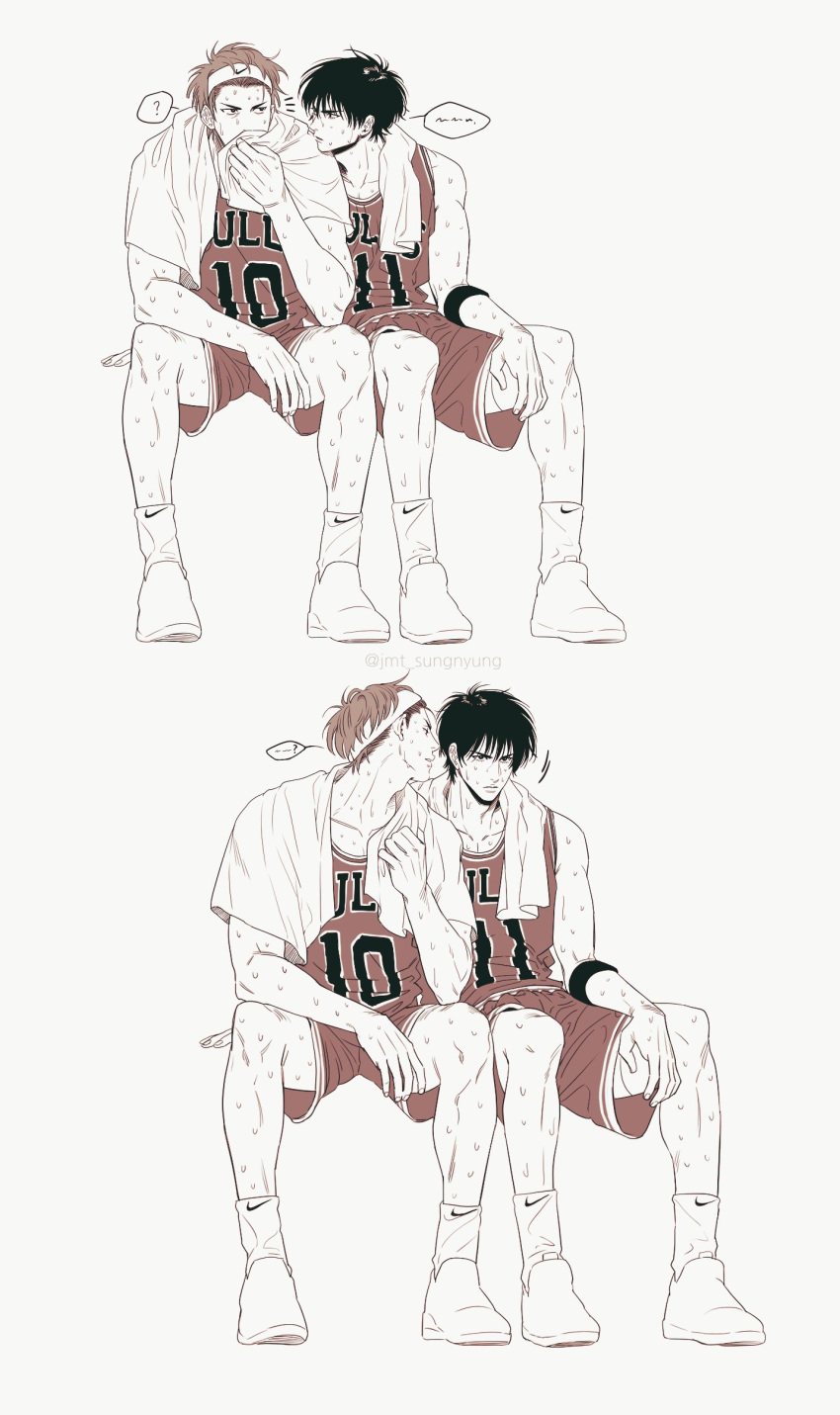 2boys absurdres armband basketball_jersey bishounen black_armband black_eyes black_hair drying full_body grey_background headband highres jmt_sungnyung looking_at_another male_focus monochrome multiple_boys multiple_views red_hair red_shorts red_tank_top rukawa_kaede sakuragi_hanamichi shoes short_hair shorts side-by-side sitting slam_dunk_(series) sneakers socks speech_bubble spot_color sweat tank_top toned toned_male towel towel_around_neck whispering whispering_in_ear