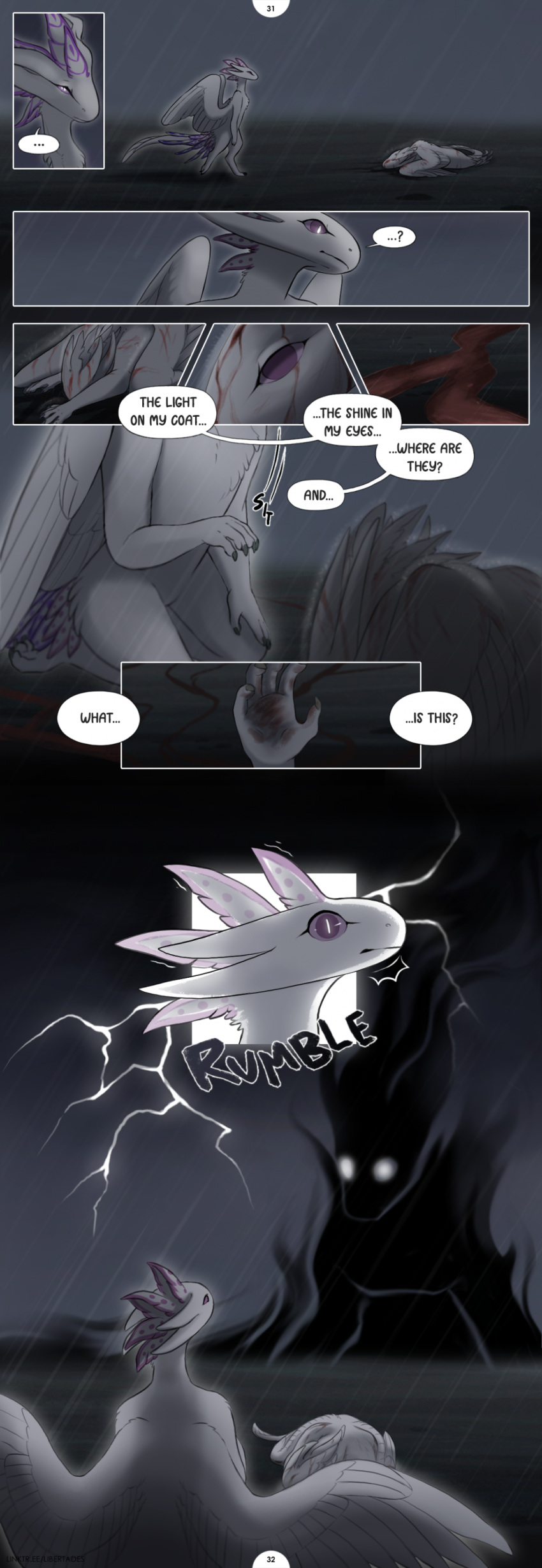 absurd_res ambiguous_gender anthro biped blood bodily_fluids dialogue dialogue_box dragon duo electricity english_text feathered_dragon feathered_wings feathers fur hi_res libertades lightning male page_number purple_eyes speech_bubble text white_body white_fur white_wings wings yarubi