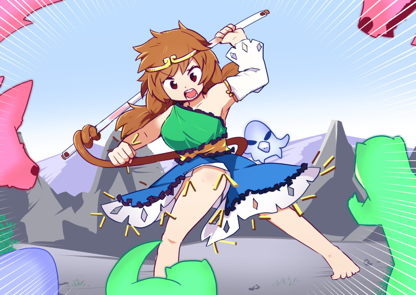 1girl barefoot brown_hair circlet detached_sleeves dress eagle_spirit_(touhou) glaring highres holding kanisawa_yuuki low_twintails monkey_girl monkey_tail open_mouth otter_spirit_(touhou) outdoors prehensile_tail red_eyes ruyi_jingu_bang single-shoulder_dress single_detached_sleeve son_biten tail touhou twintails wolf_spirit_(touhou)