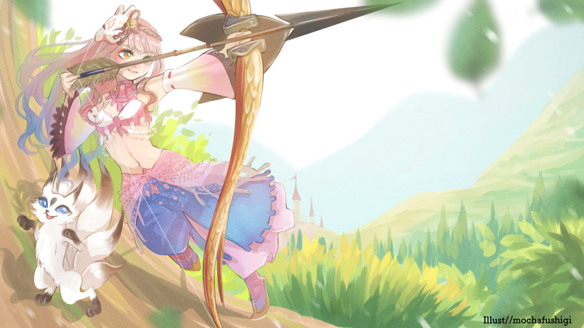 1girl arrow_(projectile) artist_name blue_pants bow bow_(weapon) brown_eyes castle character_request creature_request detached_sleeves drawing_bow eyelashes felyne forest fox_mask gradient_hair highres holding holding_bow_(weapon) holding_weapon mask mask_on_head midriff mocha_fushigi monster_hunter_(series) multicolored_hair nature navel outdoors pants pink_hair smile weapon yellow_eyes