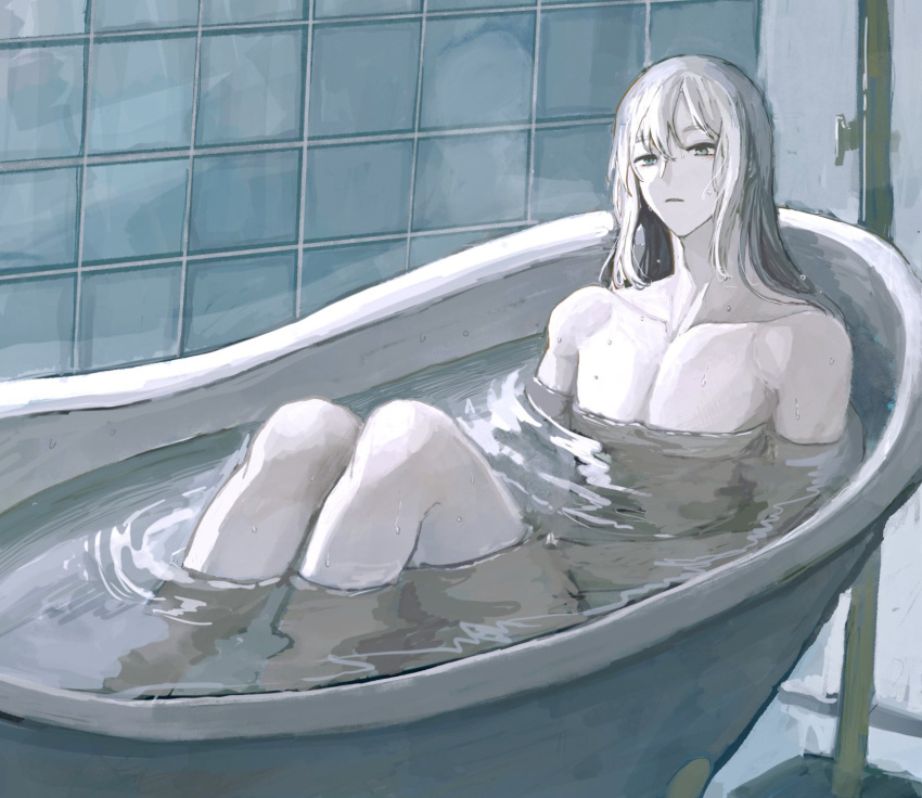 1boy 31tamagokake580 bathing bathtub bedivere_(fate) commentary expressionless fate/grand_order fate_(series) feet_out_of_frame green_eyes hair_between_eyes hair_down highres indoors knees_up long_hair looking_at_viewer male_focus nude parted_lips partially_submerged sitting solo tile_wall tiles water_pipe wet wet_hair white_hair