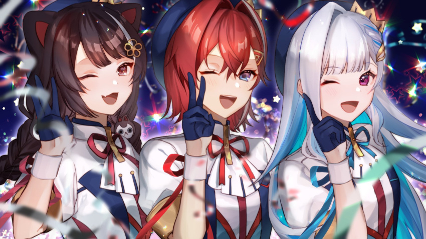 3girls ange_katrina animal_ears beret blue_eyes blue_gloves blue_hair blue_headwear braid brown_eyes brown_hair colored_inner_hair dog_ears dog_girl fang gloves gyuentec hair_intakes half_gloves hat highres inui_toko lize_helesta long_hair multicolored_hair multiple_girls nijisanji one_eye_closed purple_eyes red_hair sanbaka_(nijisanji) sanbaka_anniversary_outfit short_hair skin_fang smile twin_braids v virtual_youtuber white_hair