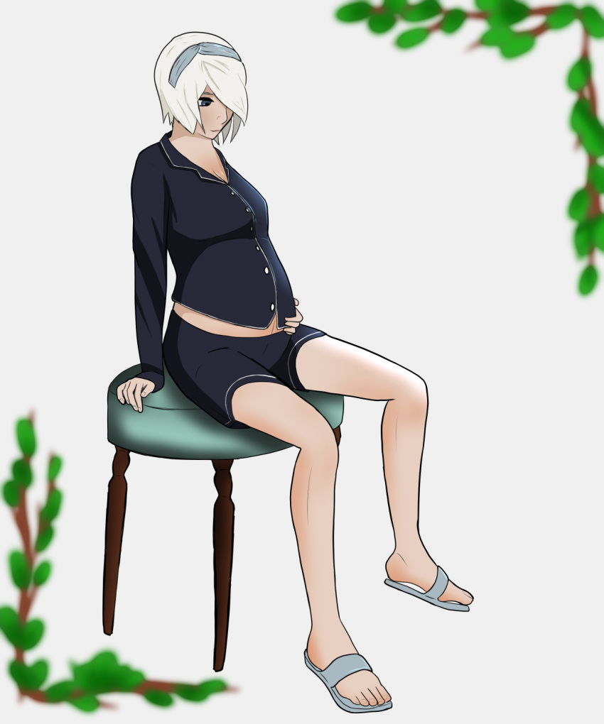 1girl hand_on_own_stomach highres long_sleeves nier:automata nier_(series) pregnant short_hair solo thumbsart white_hair yorha_no._2_type_b