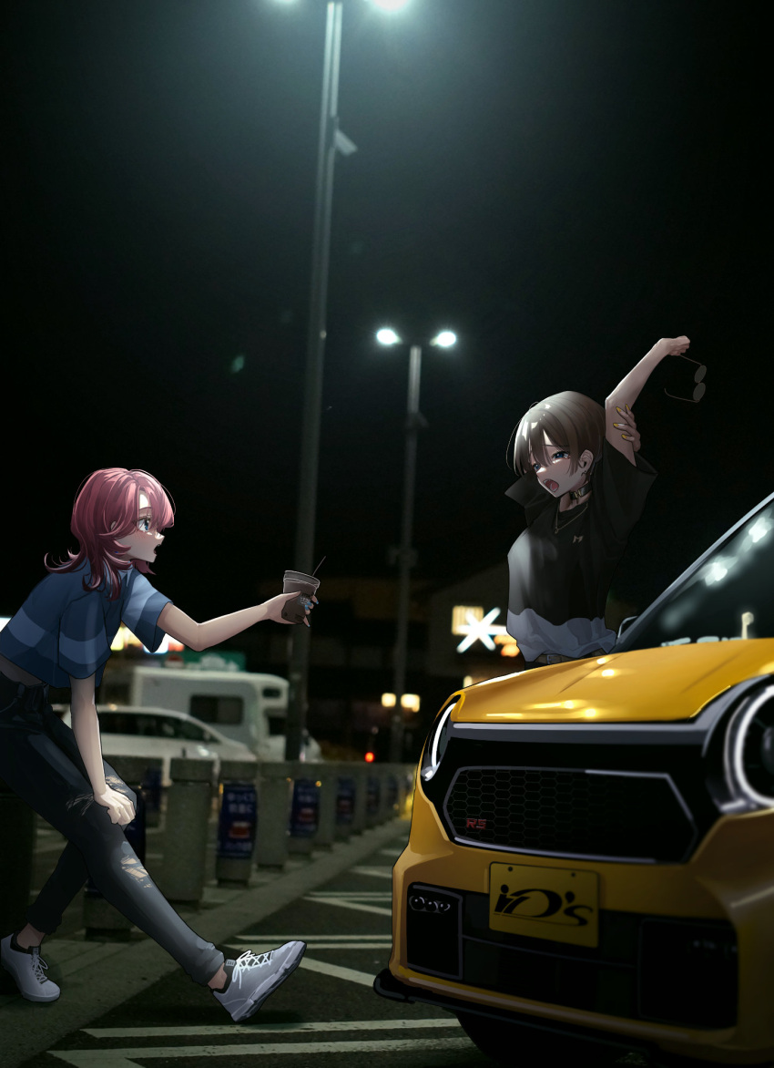 2girls arms_up black_choker black_shirt blue_shirt blurry brown_eyes choker cup denim depth_of_field full_body grey_footwear highres holding holding_cup honda_n-one jeans leaning_forward long_hair looking_at_another medium_hair multiple_girls night original outdoors pants parking_lot photo_background pink_hair shirt shoes short_sleeves sitting sneakers stretching torn_clothes torn_pants yellow_car you'a