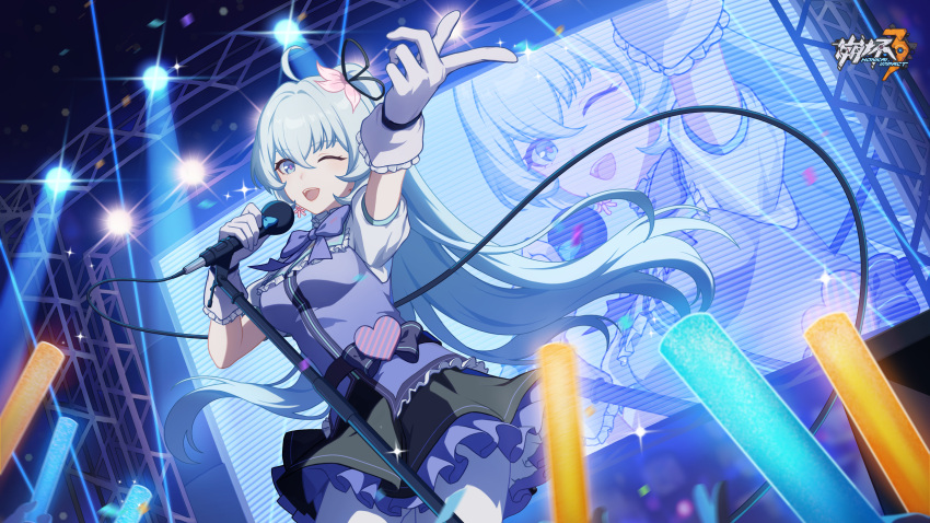 1girl ahoge alternate_costume blue_eyes blue_hair chinese_commentary concert gloves hair_ornament highres holding holding_microphone honkai_(series) honkai_impact_3rd idol light_blue_hair logo long_hair microphone microphone_stand official_art official_wallpaper one_eye_closed open_mouth outdoors screen shigure_kira skirt solo standing white_gloves wire