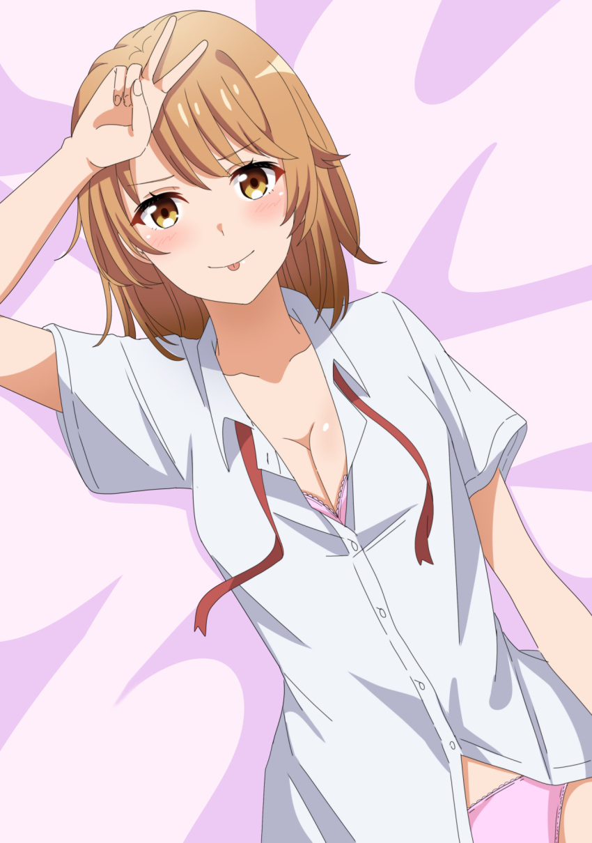 1girl arm_up blush bra breasts brown_eyes brown_hair cleavage closed_mouth collarbone collared_shirt commentary_request highres isshiki_iroha looking_at_viewer lying medium_hair on_back panties partially_unbuttoned pink_bra pink_panties red_ribbon ribbon school_uniform shirt short_sleeves smile sobu_high_school_uniform solo tongue tongue_out underwear untied_ribbon upper_body v white_shirt yahari_ore_no_seishun_lovecome_wa_machigatteiru. yoru_(77957792)