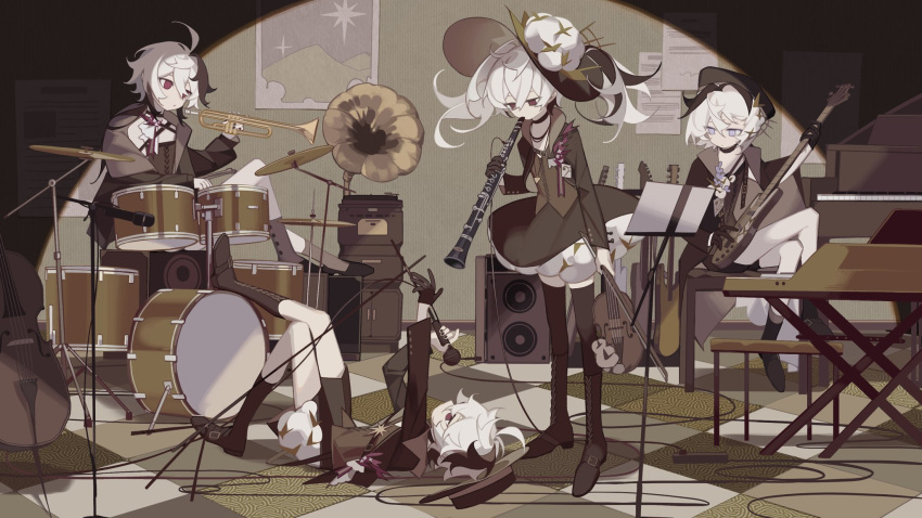 4girls ahoge bass_clef bass_guitar black_dress black_gloves black_hair black_headwear black_jacket black_shorts black_thighhighs blue_eyes blue_flower boots bow_(music) cable cello cevio ci_flower clarinet cross-laced_footwear crossed_legs cymbals dot_mouth dress drum drum_set eight-b expressionless flower flower_(gynoid_talk) flower_(vocaloid) flower_(vocaloid3) flower_(vocaloid4) gloves guitar gynoid_talk highres holding holding_instrument indoors instrument jacket keyboard_(instrument) knee_boots lace-up_boots leaning_forward long_hair looking_at_another looking_down lying microphone microphone_stand multicolored_hair multiple_girls multiple_persona music muted_color notice on_back on_ground phonograph playing_instrument poster_(object) purple_eyes red_ribbon ribbon short_hair shorts sidelocks sitting speaker standing streaked_hair thighhighs tile_floor tiles trumpet vocaloid white_hair white_headwear