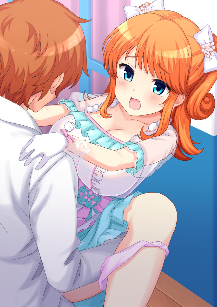 1boy 1girl blue_eyes blush bow breasts brown_hair center_frills cleavage clothed_sex collarbone curly_hair dress flower foot_out_of_frame frilled_dress frills furrowed_brow girlfriend_(kari) gloves hair_bow hair_flower hair_ornament hands_on_another's_shoulders hetero highres jacket large_breasts leg_grab long_sleeves looking_at_another m_legs medium_hair multicolored_clothes multicolored_dress multiple_hair_bows open_mouth orange_hair panties panties_around_one_leg perapera pink_bow pink_panties sagara_emi see-through see-through_sleeves sex short_hair short_sleeves sidelocks swept_bangs tongue two_side_up underwear white_bow white_gloves white_jacket