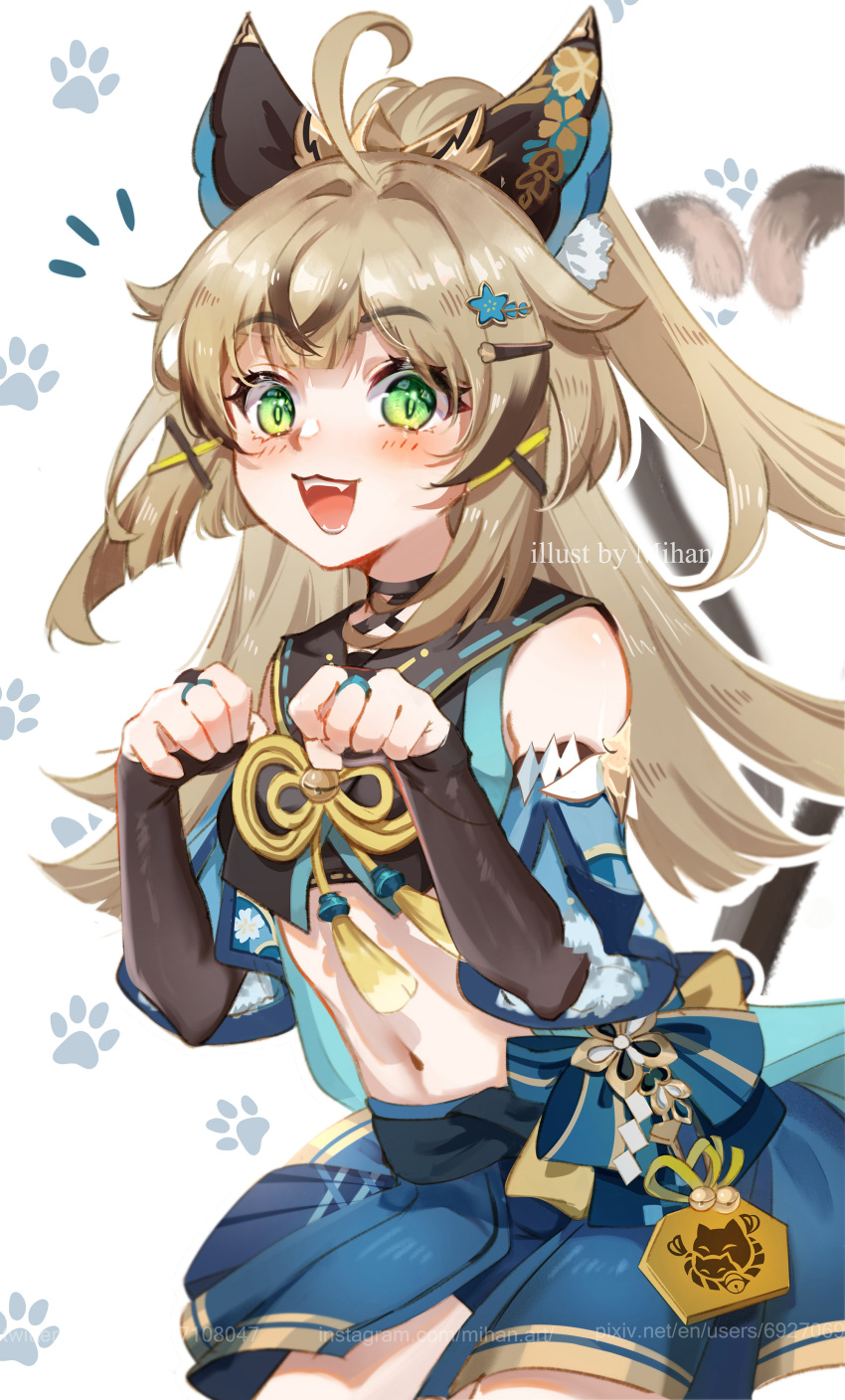 1girl absurdres ahoge animal_ears bare_shoulders black_choker black_tank_top blush cat_ears cat_girl choker genshin_impact green_eyes hair_ornament hairclip highres kirara_(genshin_impact) long_hair mihan77108047 multiple_tails open_mouth paw_pose ponytail solo tail tank_top two_tails white_background