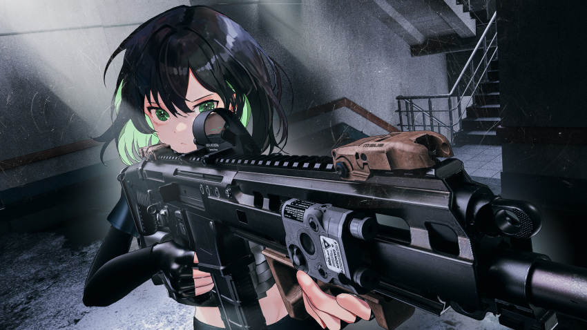 1girl absurdres assault_rifle black_gloves black_hair fingerless_gloves gloves green_eyes green_hair gun highres holding holding_gun holding_weapon howa_type_20 indoors medium_hair midriff multicolored_hair original railing rifle seymour stairs tactical_clothes weapon