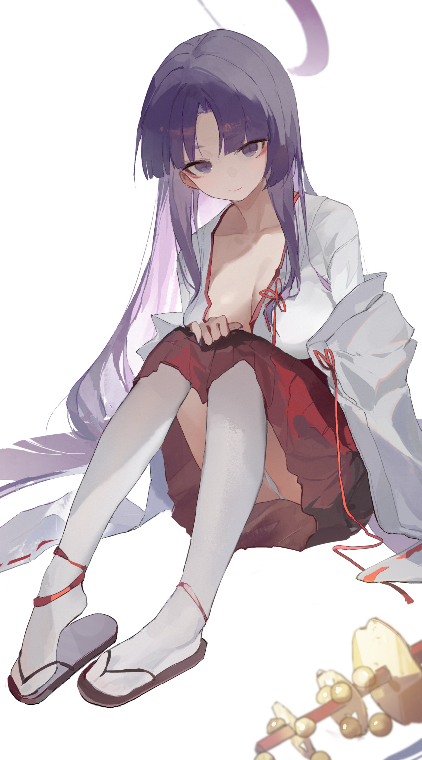 1girl absurdres blue_archive hakama halo highres japanese_clothes long_hair looking_at_viewer miko panties purple_eyes purple_hair purple_halo red_hakama simple_background solo underwear white_background white_panties yukari_(blue_archive) zombie_ke