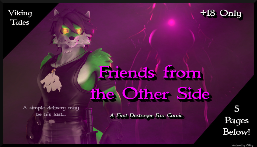 2023 3d_(artwork) agape_(petruz) anthro armband black_hair black_nose bottomwear breasts canid canine canis claws clothed clothing comic cover cover_art cover_page digital_media_(artwork) dragon duo english_text erik_moonfang female finger_claws fingers fur gloves_(marking) green_body green_fur hair hi_res humanoid_hands jewelry male mammal markings multicolored_body multicolored_fur necklace pants petruz_(copyright) reindeerviking shirt silhouette source_filmmaker tank_top teeth text topwear two_tone_body two_tone_fur visor white_body white_fur wolf wristband
