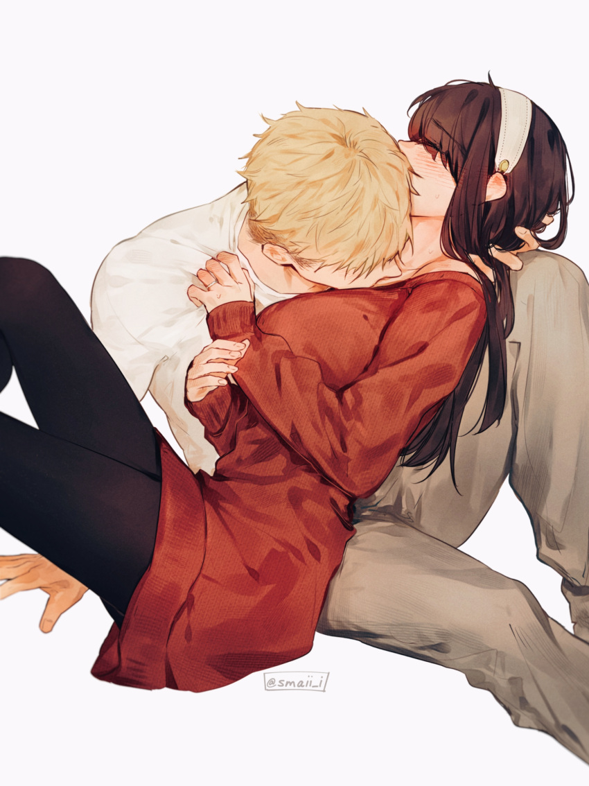 1boy 1girl arm_support black_hair black_pantyhose blonde_hair blush brown_pants closed_eyes commentary ear_blush feet_out_of_frame hairband hand_on_another's_head hetero highres husband_and_wife jewelry kiss kissing_neck knee_up leaning_on_person long_hair long_sleeves maiii_(smaii_i) pants pantyhose red_sweater ring shirt simple_background sitting spy_x_family sweatdrop sweater symbol-only_commentary twilight_(spy_x_family) twitter_username white_background white_hairband white_shirt yor_briar