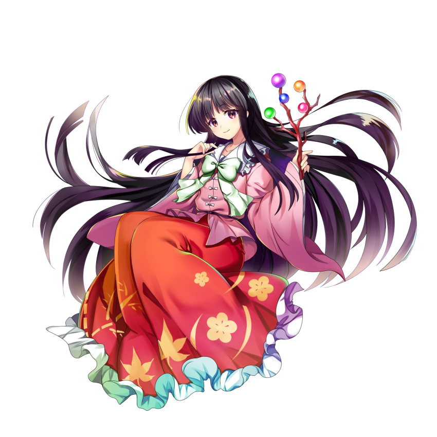1girl black_hair bow bowtie branch closed_mouth full_body game_cg highres holding holding_branch houraisan_kaguya jeweled_branch_of_hourai long_hair long_skirt looking_at_viewer pink_shirt red_eyes red_skirt rotte_(1109) shirt simple_background skirt smile solo third-party_source touhou touhou_lost_word very_long_hair white_background white_bow white_bowtie