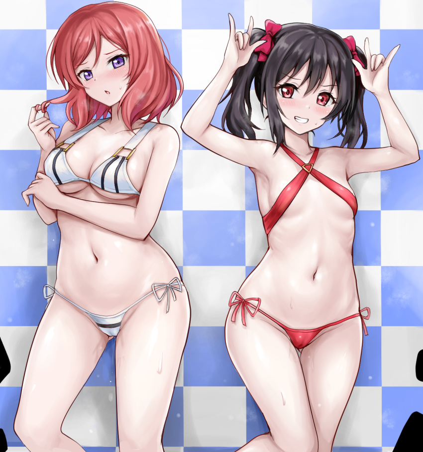 2girls arm_under_breasts ass_visible_through_thighs bare_arms bare_shoulders bikini black_hair blue_background blush bow breasts breath cameltoe checkered_background cleavage collarbone cutie_panther double_w flat_chest grin hair_bow hair_twirling hand_up highres looking_at_viewer love_live! love_live!_school_idol_project medium_breasts medium_hair micro_bikini multiple_girls navel nishikino_maki parted_lips playing_with_own_hair purple_eyes r-binon red_bikini red_bow red_eyes red_hair revision side-tie_bikini_bottom sidelocks smile standing stomach string_bikini striped striped_bikini sweat sweatdrop swimsuit thighs tile_wall tiles twintails w wet white_bikini yazawa_nico