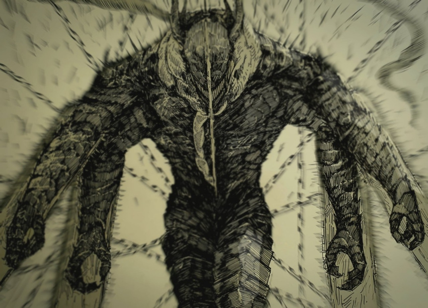 1girl blurry blurry_background chain chainsaw chainsaw_devil chainsaw_man epeulu_(ate5424) extra_arms facing_viewer hatching_(texture) intestine_clothing intestines linear_hatching monochrome sharp_teeth simple_background teeth