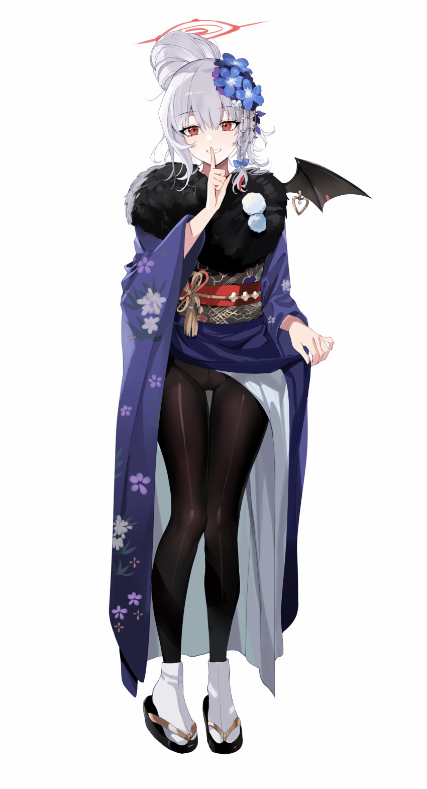 1girl absurdres black_pantyhose black_wings blue_archive blue_flower blue_kimono fake_wings floral_print flower full_body glacier_68a grey_hair grin hair_between_eyes hair_flower hair_ornament haruna_(blue_archive) haruna_(new_year)_(blue_archive) highres japanese_clothes kimono long_hair long_sleeves looking_at_viewer obi pantyhose print_kimono red_eyes sash simple_background single_wing smile socks solo tabi white_background white_socks wide_sleeves wings