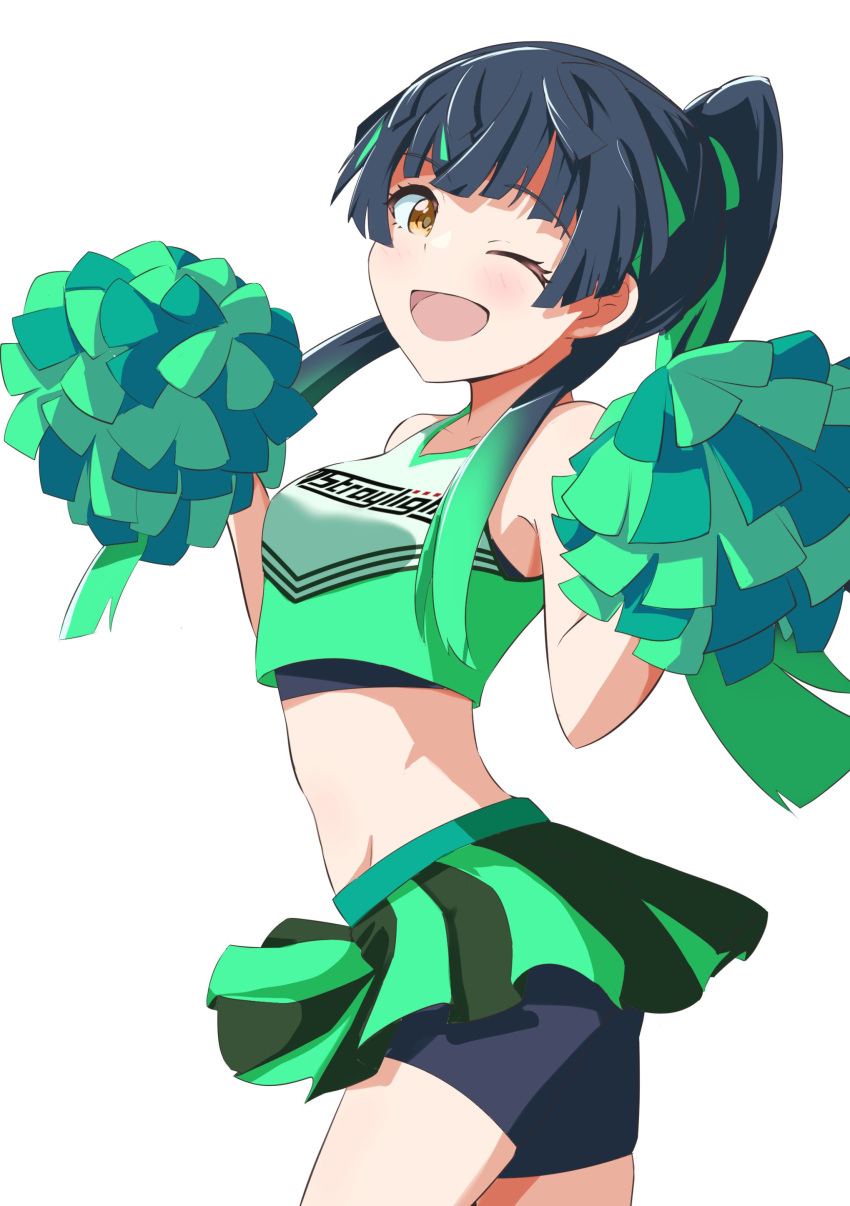 1girl absurdres alternate_hair_color alternate_hairstyle bare_shoulders bike_shorts_under_skirt black_hair black_sports_bra blunt_bangs blush breasts brown_eyes cheerleader collarbone cowboy_shot crop_top cropped_shirt dot_nose from_side green_hair green_shirt hands_up highres holding holding_pom_poms idolmaster idolmaster_shiny_colors long_hair looking_at_viewer mayuzumi_fuyuko medium_breasts midriff miniskirt multicolored_hair one_eye_closed open_mouth pleated_skirt pom_pom_(cheerleading) ponytail print_shirt sanami_(sanami_t_38) shirt simple_background skirt sleeveless sleeveless_shirt smile solo sports_bra standing streaked_hair text_print two-tone_hair two-tone_skirt white_background