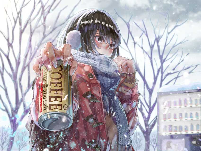 1girl absurdres bare_tree black_hair blue_eyes blush cable_knit can canned_coffee cloud cloudy_sky coat commentary_request duffel_coat earmuffs fingernails highres incoming_drink long_fingernails looking_away nervous original outdoors revision sakura_inu_(itoyatomo) scarf sky sleeves_past_wrists snow snowing solo tree vending_machine winter winter_clothes winter_coat