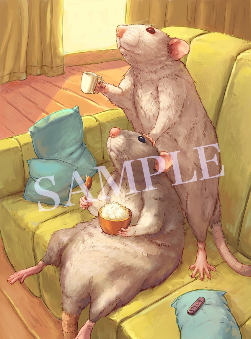 2023 biped detailed_background distracting_watermark duo feral food furniture hi_res inside mammal mug murid murine nejumipro pillow rat rodent sample sitting sofa watermark