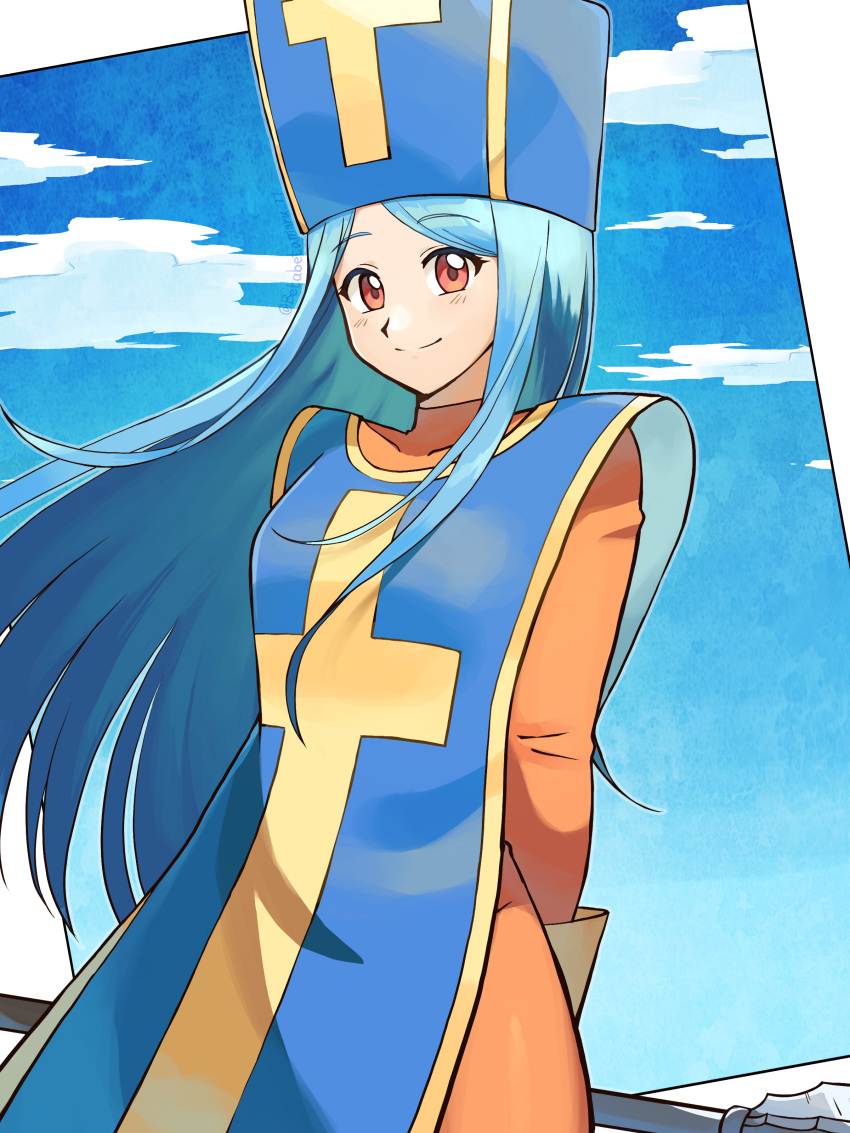 1girl absurdres arms_behind_back betabetamaru blue_eyes blue_sky blue_tabard bodysuit breasts cloud commentary_request commission cowboy_shot dragon_quest dragon_quest_iii gloves hat highres holding holding_mace holding_weapon long_hair mace medium_breasts mitre orange_bodysuit orange_eyes priest_(dq3) skeb_commission sky smile solo tabard very_long_hair weapon yellow_gloves