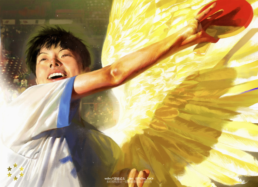 1boy absurdres black_hair brown_eyes commentary_request feathered_wings highres holding holding_paddle hoshino_yutaka male_focus open_mouth paddle ping_pong_(manga) realistic shirt short_bangs short_hair short_sleeves smile solo table_tennis table_tennis_paddle teeth tudou_estor upper_body white_shirt wings yellow_wings