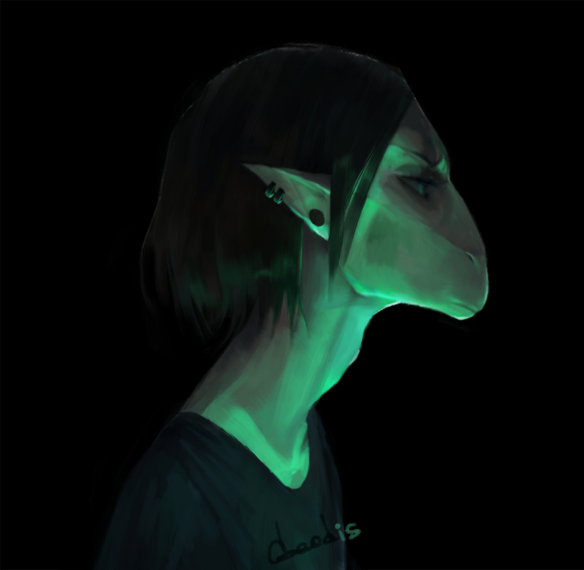 2018 akrolayn alien anthro black_background black_clothing black_hair black_shirt black_topwear bust_portrait clothing digital_media_(artwork) digital_painting_(artwork) ear_piercing eyebrows female geodis_(species) green_light hair light lighting piercing portrait prick_ears shaded shirt side_view simple_background solo topwear valetta_(akrolayn)