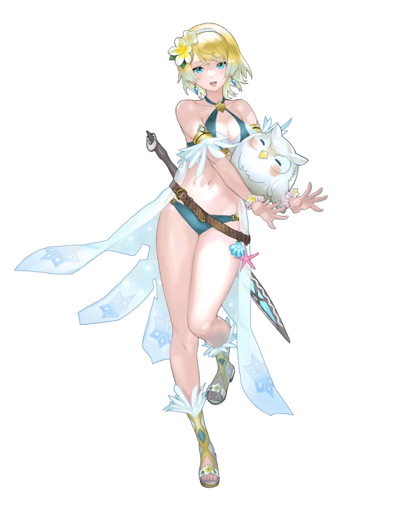 1girl ball bare_shoulders beachball belt bikini blonde_hair blue_eyes blue_hair blush bracelet breasts cleavage collarbone criss-cross_halter earrings feather_trim feh_(fire_emblem_heroes) fire_emblem fire_emblem_heroes fjorm_(fire_emblem) flower full_body gradient_clothes gradient_hair hair_flower hair_ornament hairband halterneck highres jewelry looking_at_viewer maeshima_shigeki medium_breasts multicolored_hair navel non-web_source official_art open_mouth seashell shell short_hair smile solo starfish stomach swimsuit sword thighs toeless_footwear toes transparent_background weapon