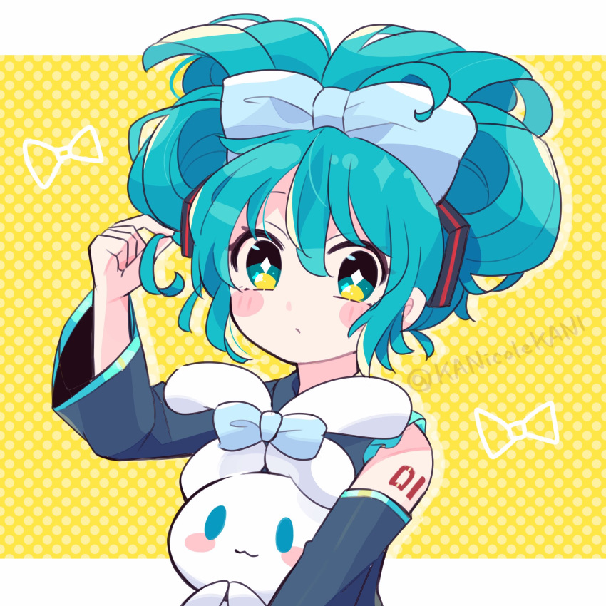 1girl :3 blue_bow blue_eyes blue_hair blush_stickers borrowed_hairstyle bow cinnamiku cinnamoroll closed_mouth detached_sleeves ear_bow folded_twintails hair_between_eyes hair_bow hair_twirling hatsune_miku highres nikoru number_tattoo shoulder_tattoo tattoo tied_ears twitter_username updo upper_body vocaloid