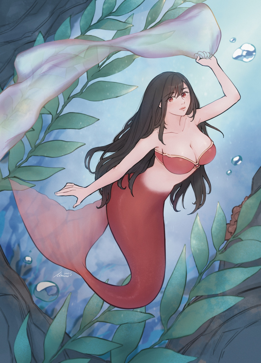 1girl arm_up artist_name bare_arms bare_shoulders bikini bikini_top_only black_hair breasts brown_hair bubble cleavage closed_mouth collarbone commentary dated final_fantasy final_fantasy_vii final_fantasy_vii_remake full_body highres holding large_breasts light_blush linono lips long_hair looking_at_viewer mermaid monster_girl monsterification red_bikini red_eyes seaweed single_sidelock solo stomach strapless strapless_bikini swept_bangs swimsuit tifa_lockhart underwater water
